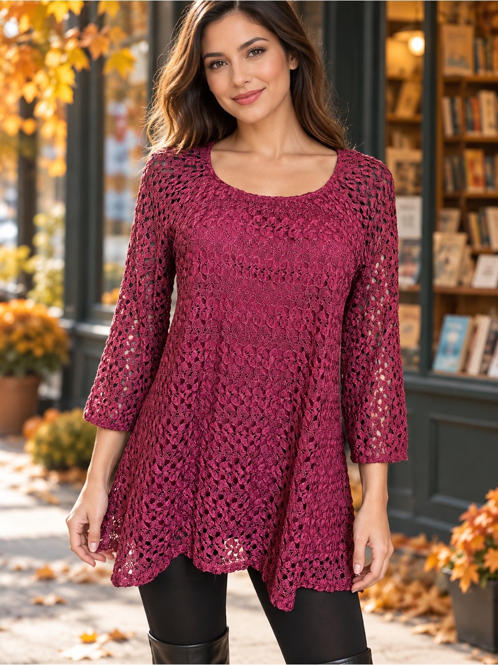 Kim Rogers Burgundy Crochet Lace Long Sleeve Tunic Top